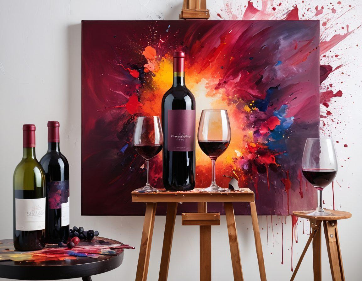 A vibrant still life featuring an artist's easel with a half-finished wine-themed painting, a glass of red wine overflowing on the side, and colorful brush strokes splattered across the canvas. Surrounding the art setup, various types of wine bottles and creative tools blend together, symbolizing the fusion of wine and art. The background is filled with abstract, swirling patterns in rich wine colors to evoke creativity. super-realistic. vibrant colors. art studio setting.