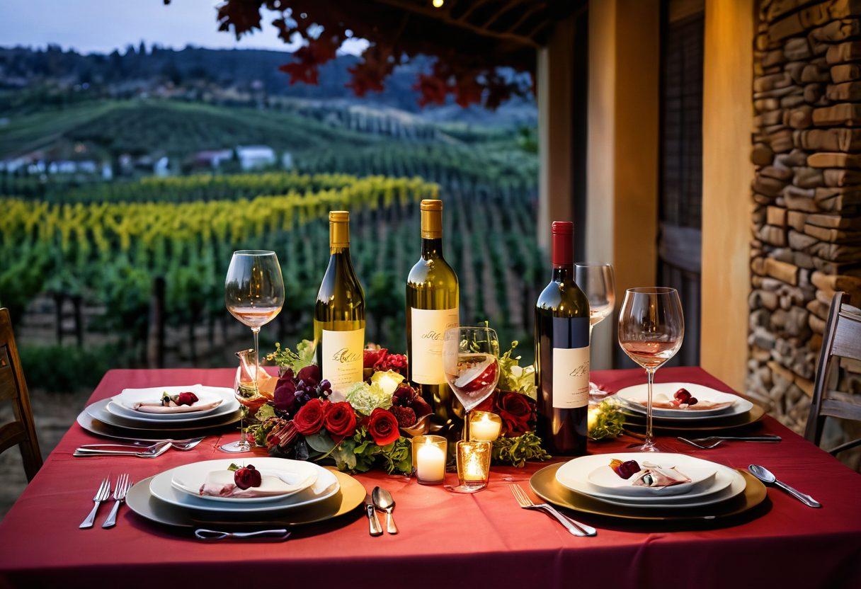 A beautifully arranged table featuring exquisite wine bottles transformed into decorative pieces, surrounded by artistic gifts such as hand-painted glasses and vibrant floral centerpieces. The scene is illuminated by warm, soft lighting, evoking a cozy atmosphere for creativity. The background showcases a picturesque vineyard, adding a touch of nature to the artistic presentation. The color palette should be rich with deep reds, greens, and golds to reflect the warmth of wine and artistry. super-realistic. vibrant colors. soft lighting.