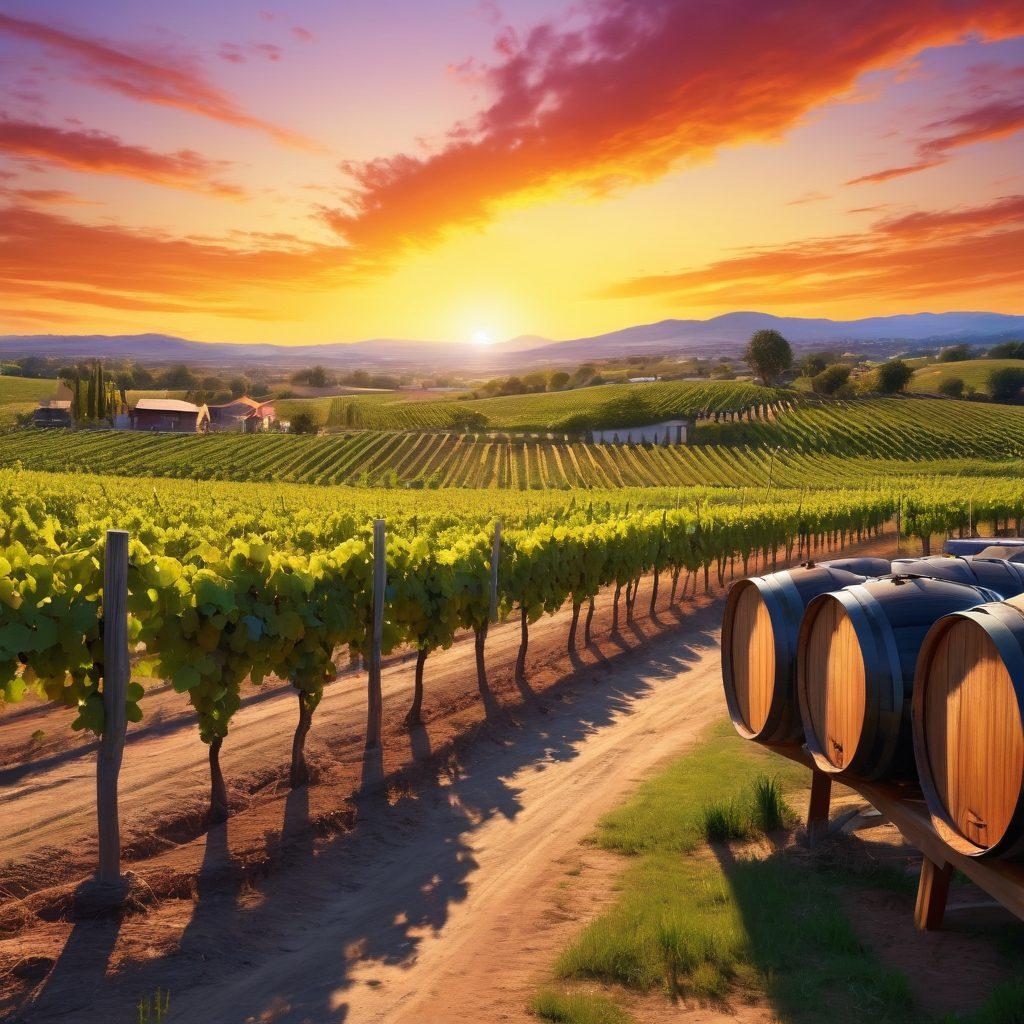 A beautiful vineyard at sunset, with grapevines stretching into the horizon, transitioning into an artist's canvas splashed with vibrant wine-inspired colors. A painter is seen capturing the scenery, blending wine and paint. In the background, barrels and brushes meld together harmoniously. super-realistic. vibrant colors. 3D.